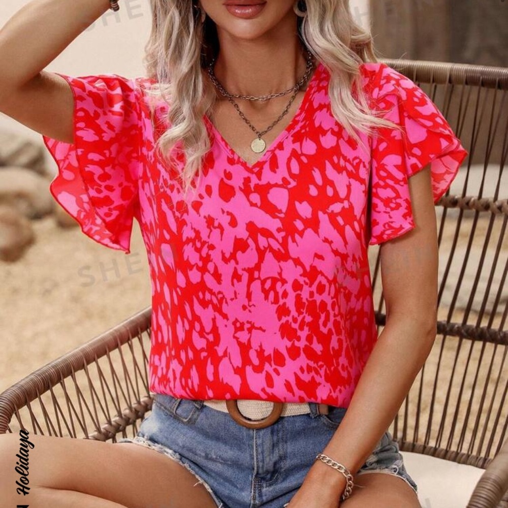 SHEIN Holidaya Allover Print Petal Sleeve Blouse